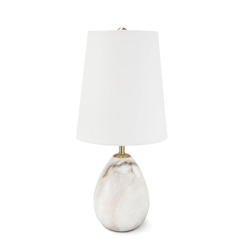 Oval shaped alabaster mini lamp with a linen shade